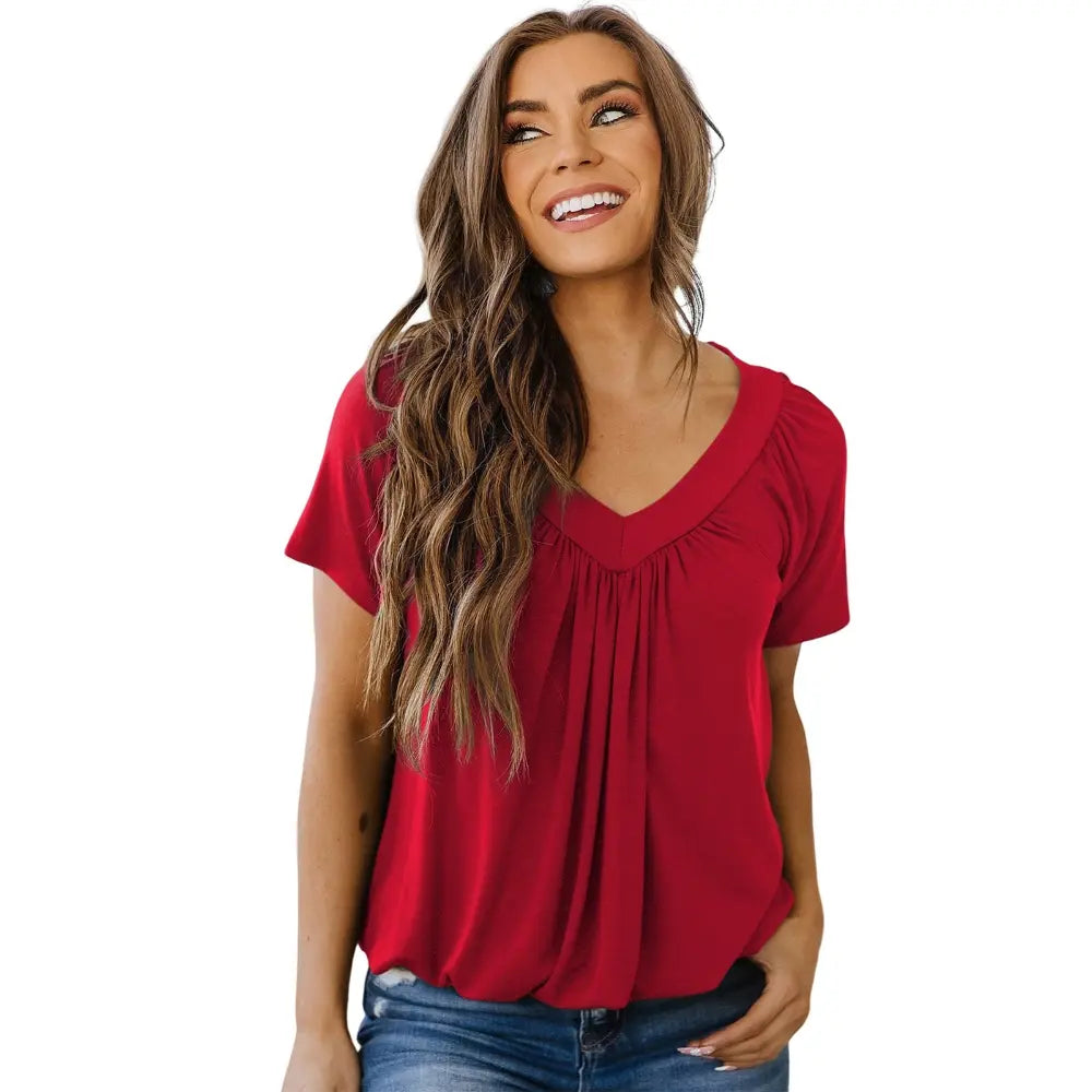 Dokotoo Women's Casual Summer Short Sleeve V Neck Tops T-shirts - Loose Fit & Comfortable Shirring Top