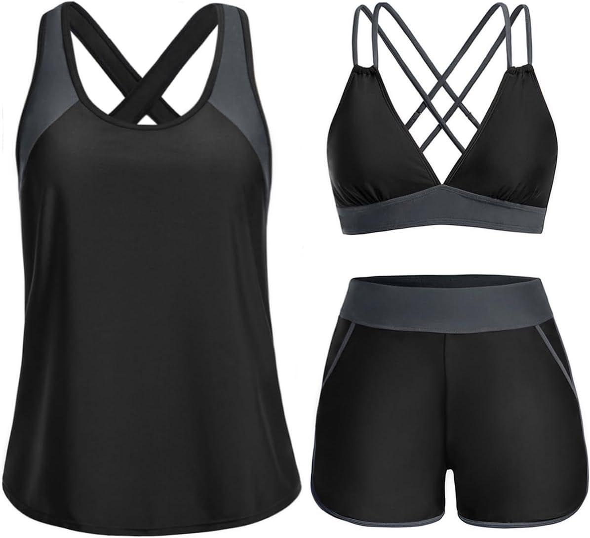 3 Piece Tankini Swimsuits - Tummy Control Tank Top with Bra Modest Bathing Suit with Pockets Boyshorts Bottom 2026