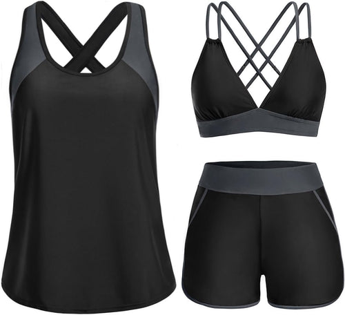 3 Piece Tankini Swimsuits - Tummy Control Tank Top with Bra Modest Bathing Suit with Pockets Boyshorts Bottom 2026