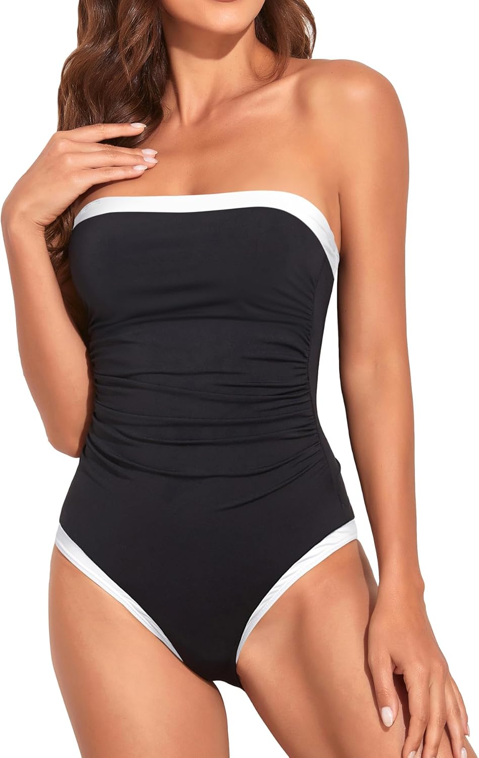 Women Tummy Control One Piece Swimsuits Strapless Bandeau Bathing Suits Slimming Halter Swimwear