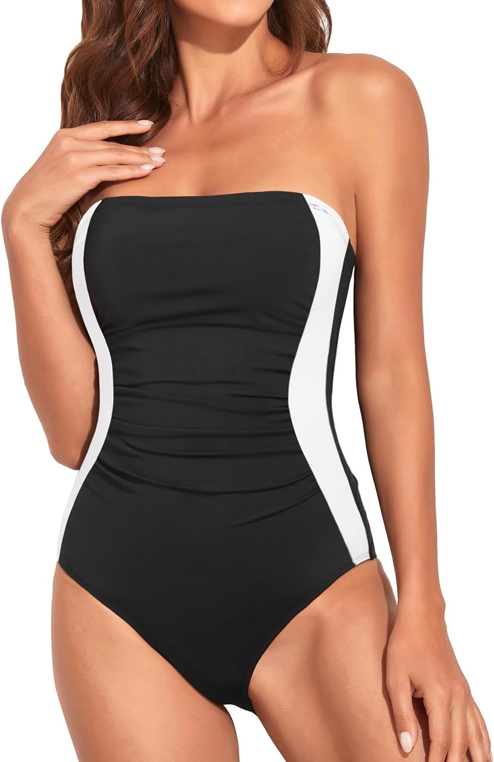 Women Tummy Control One Piece Swimsuits Strapless Bandeau Bathing Suits Slimming Halter Swimwear