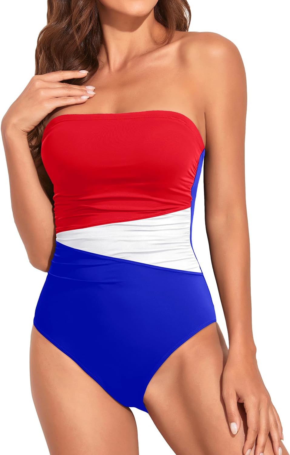 Women Tummy Control One Piece Swimsuits Strapless Bandeau Bathing Suits Slimming Halter Swimwear