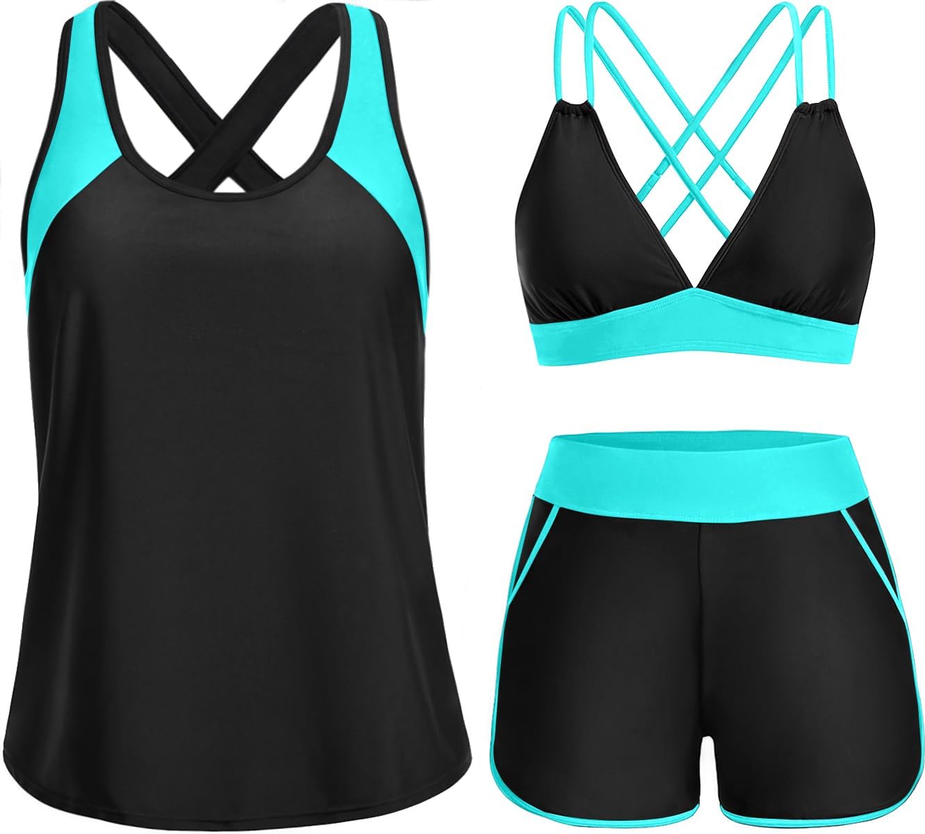 3 Piece Tankini Swimsuits - Tummy Control Tank Top with Bra Modest Bathing Suit with Pockets Boyshorts Bottom 2026
