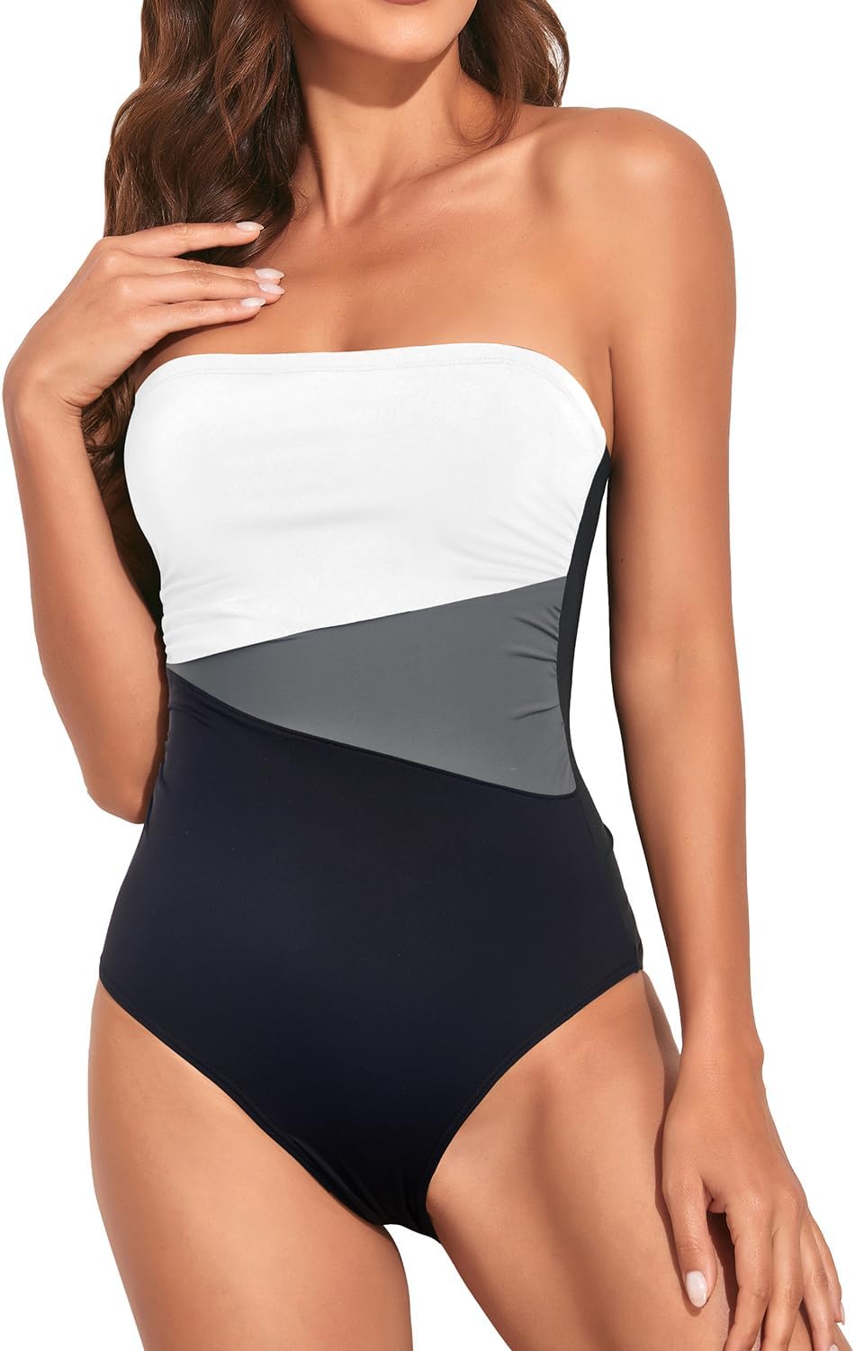 Women Tummy Control One Piece Swimsuits Strapless Bandeau Bathing Suits Slimming Halter Swimwear