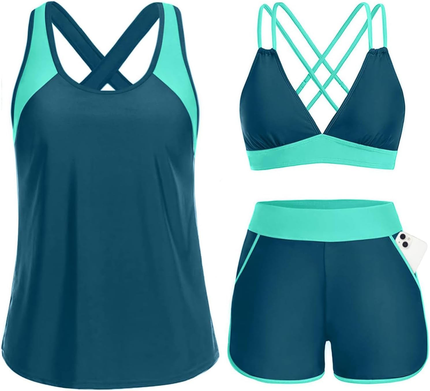 3 Piece Tankini Swimsuits - Tummy Control Tank Top with Bra Modest Bathing Suit with Pockets Boyshorts Bottom 2026