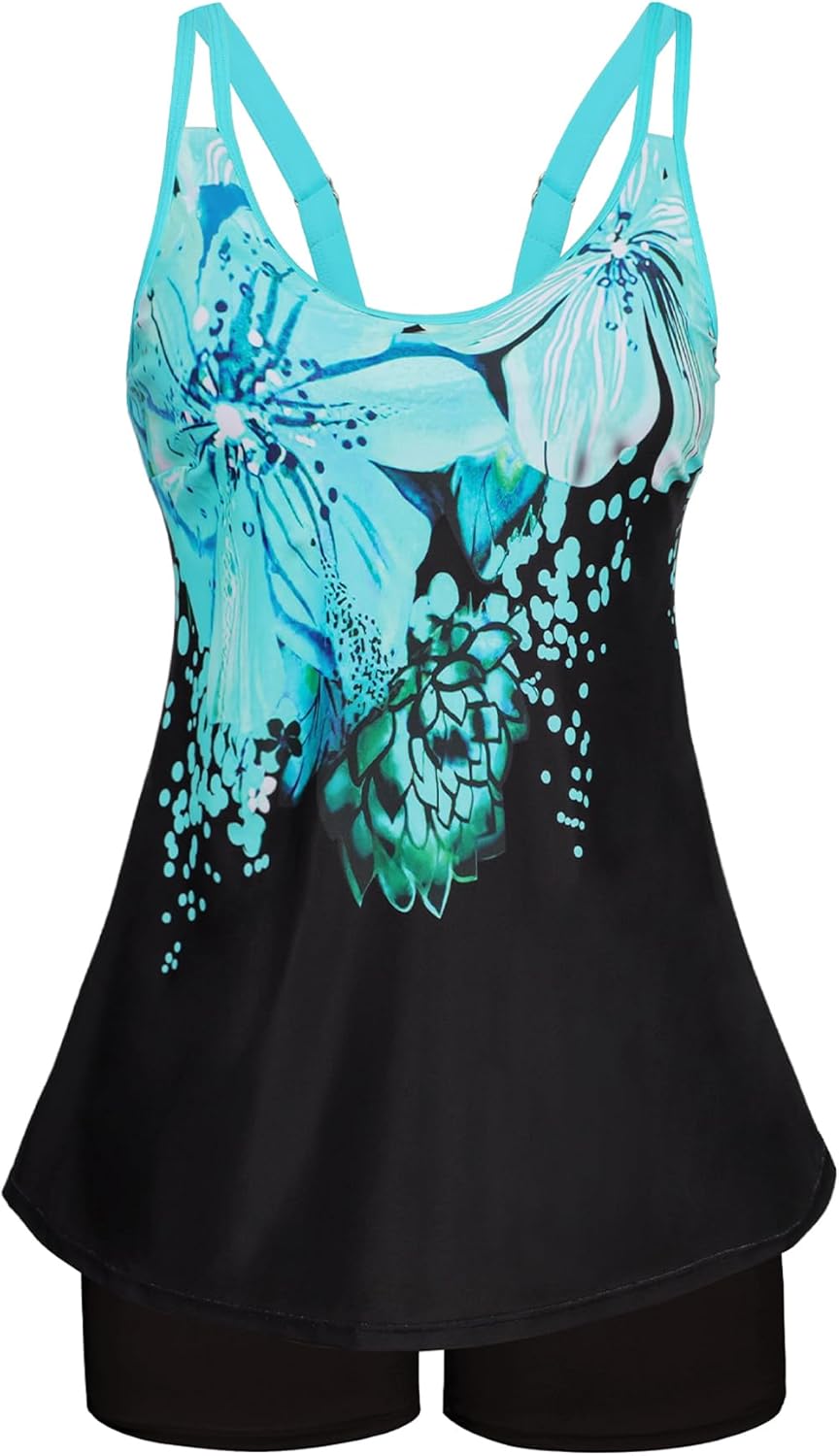 Swimsuits for Women Tummy Control Two Piece Bathing Suits Flowy Swim Tops with Boy Shorts