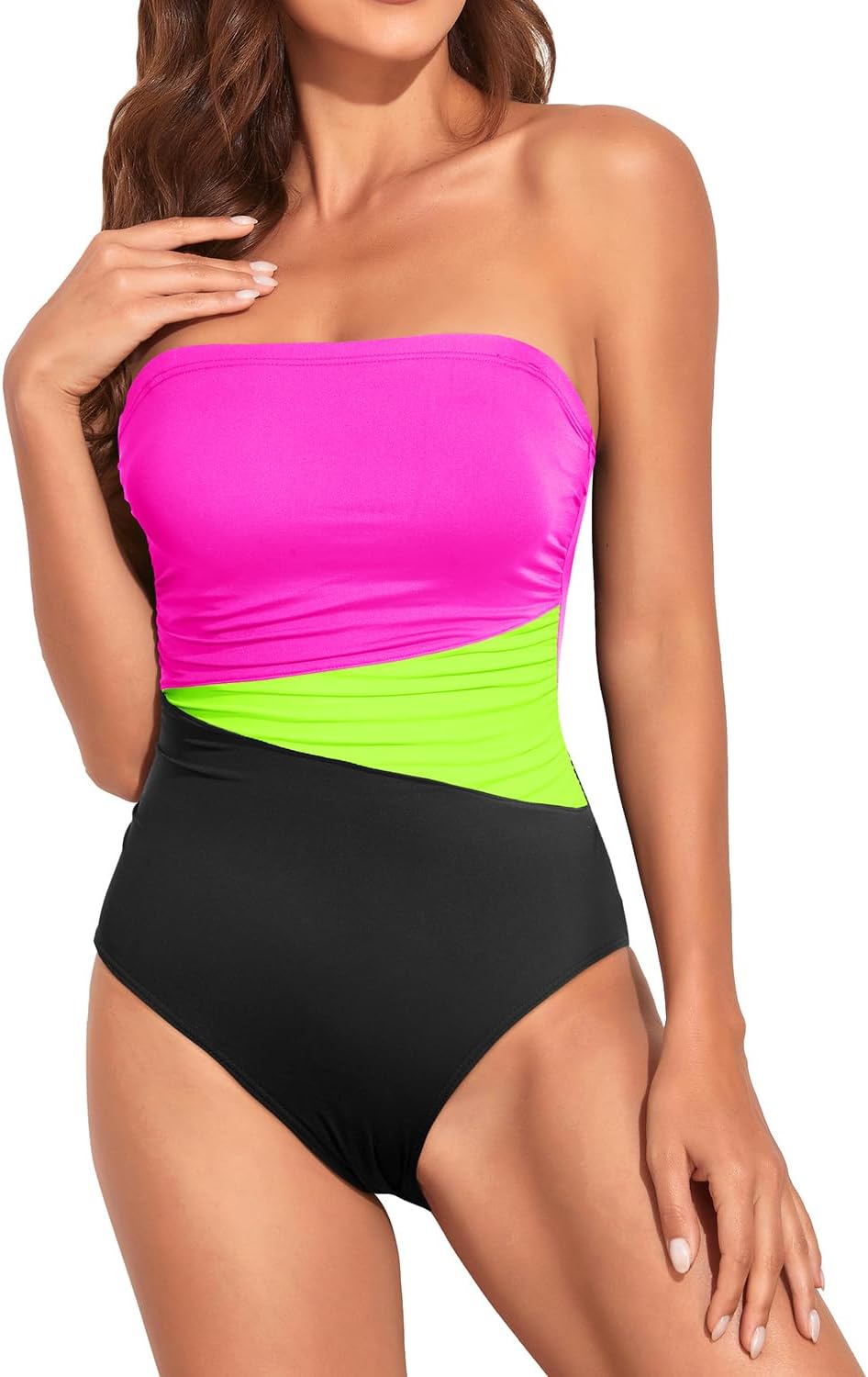 Women Tummy Control One Piece Swimsuits Strapless Bandeau Bathing Suits Slimming Halter Swimwear