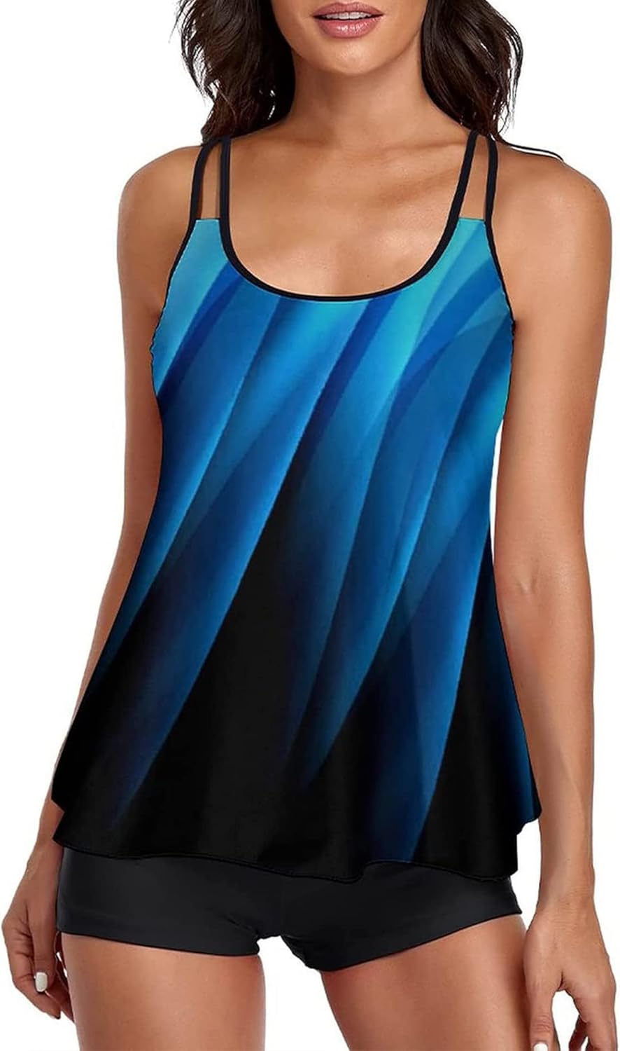 2026 Women Two Piece Tankini Swimsuit Tummy Control Plus Size Long Torso Top and High Waisted Boyshorts Bathing Suits