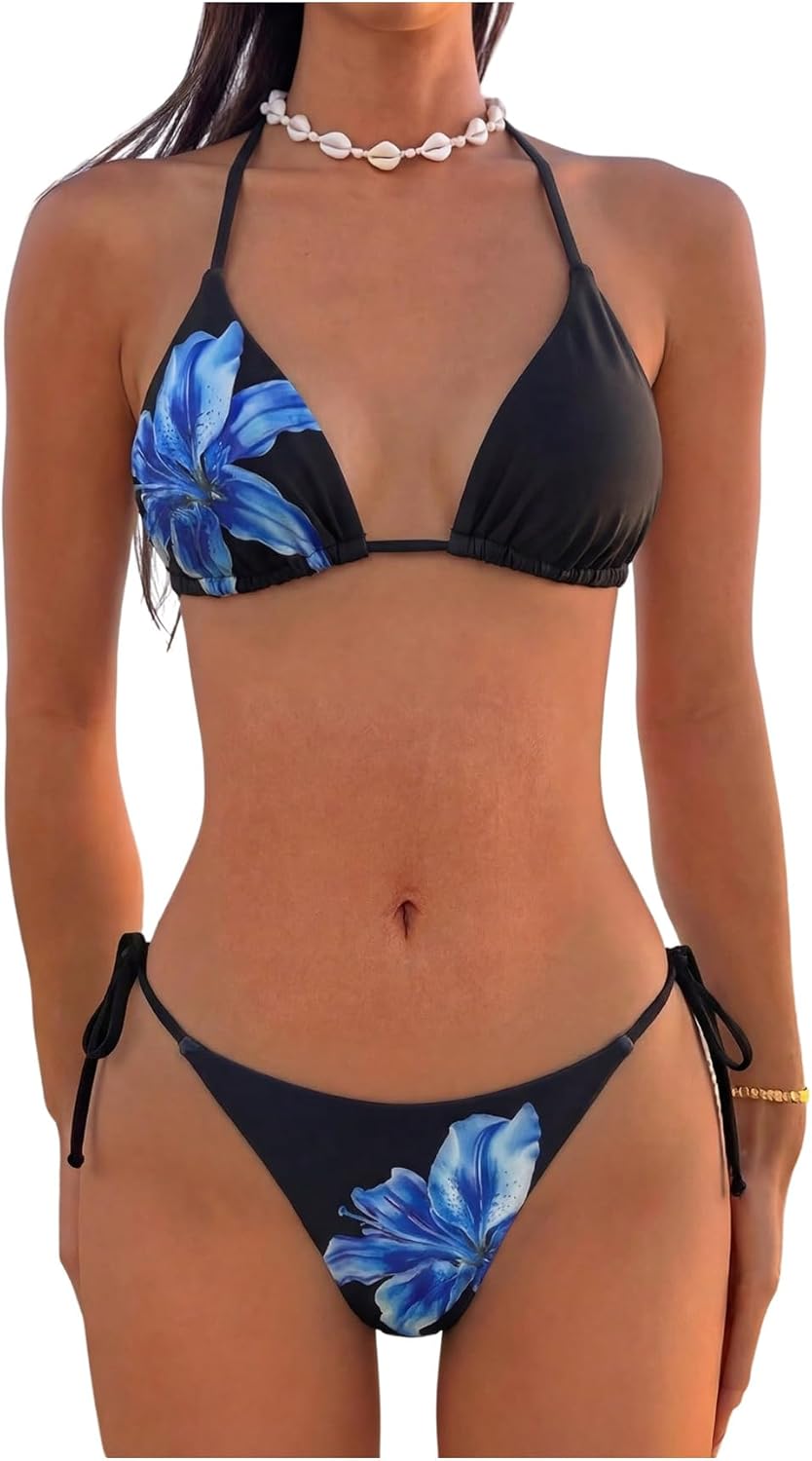 Women's Polka Dots Triangle Thong Bikini Sets Floral Cute Bathing Suit Swimsuits