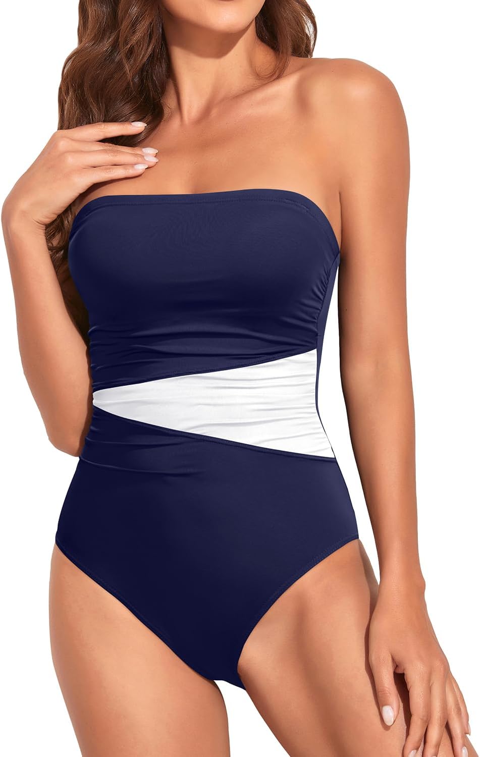 Women Tummy Control One Piece Swimsuits Strapless Bandeau Bathing Suits Slimming Halter Swimwear
