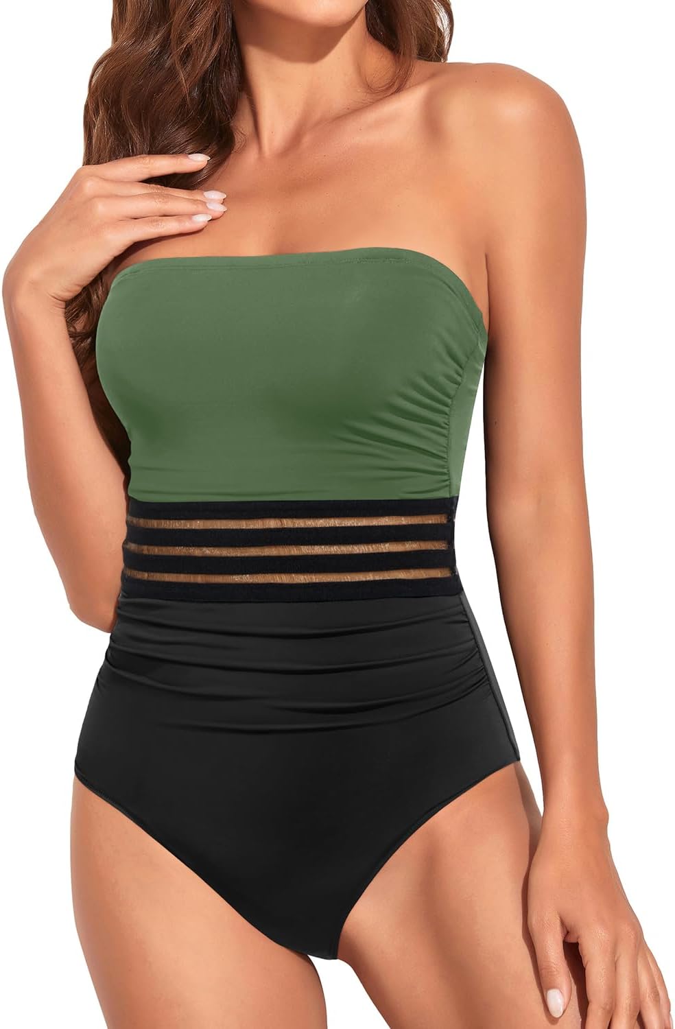 Women Tummy Control One Piece Swimsuits Strapless Bandeau Bathing Suits Slimming Halter Swimwear