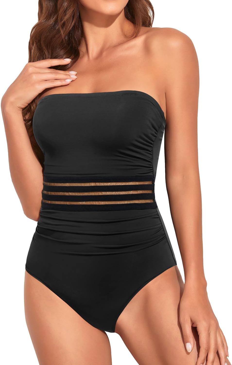 Women Tummy Control One Piece Swimsuits Strapless Bandeau Bathing Suits Slimming Halter Swimwear