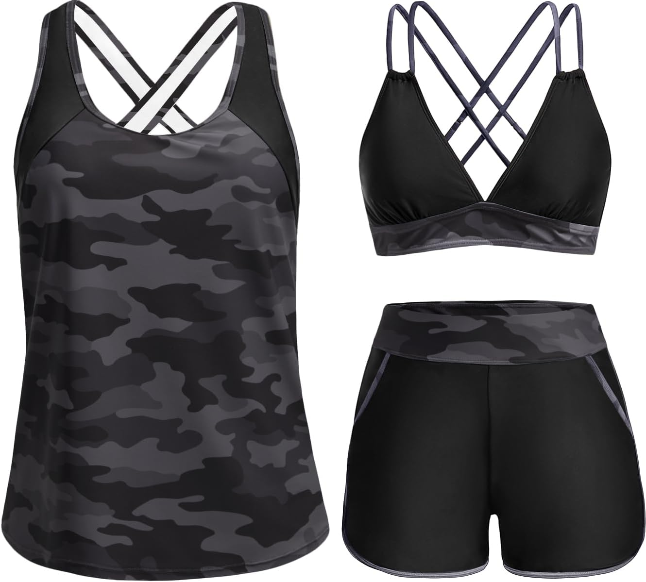 3 Piece Tankini Swimsuits - Tummy Control Tank Top with Bra Modest Bathing Suit with Pockets Boyshorts Bottom 2026