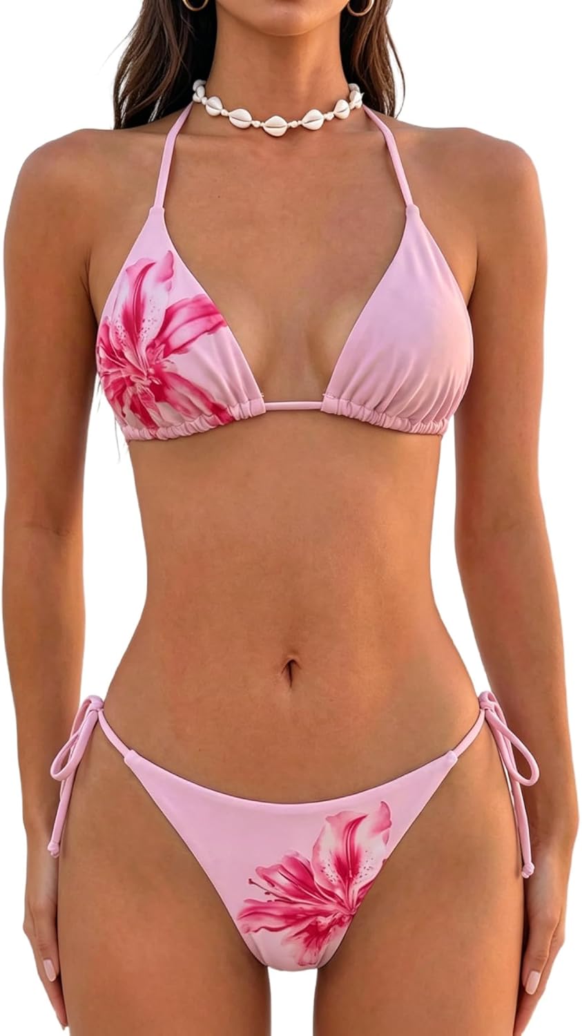 Women's Polka Dots Triangle Thong Bikini Sets Floral Cute Bathing Suit Swimsuits