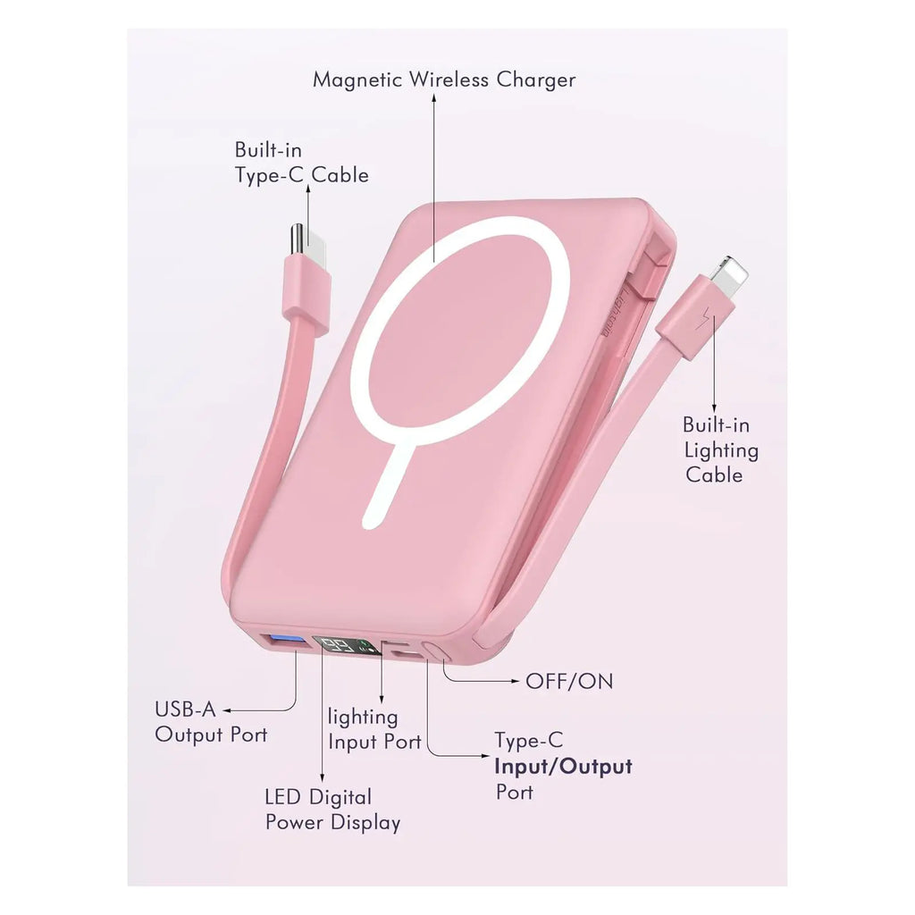 10000mAh Magnetic MagSafe Power Bank, Wireless Charger with LED Display, Dual USB-C & Lightning Cables, USB Output, Portable Mobile Device Accessories for iPhone 17/16/15/14/13/12 Series