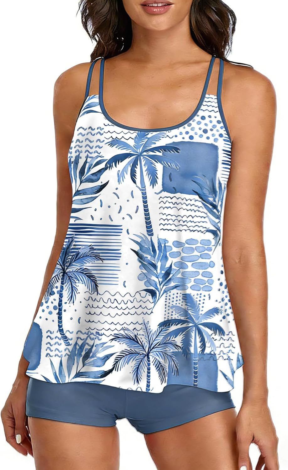 2026 Women Two Piece Tankini Swimsuit Tummy Control Plus Size Long Torso Top and High Waisted Boyshorts Bathing Suits