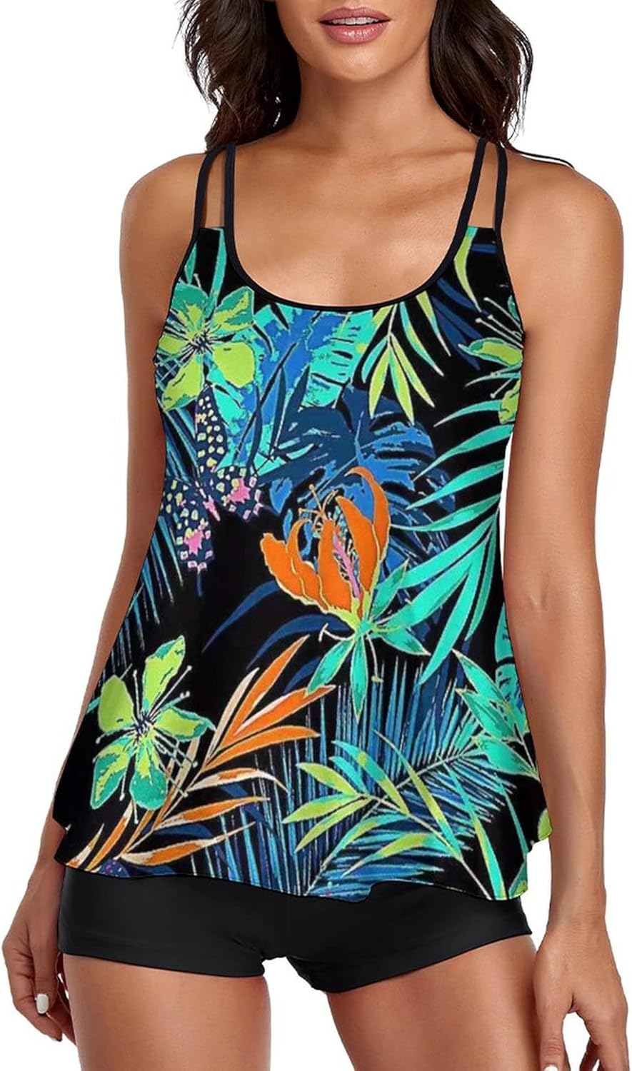 2026 Women Two Piece Tankini Swimsuit Tummy Control Plus Size Long Torso Top and High Waisted Boyshorts Bathing Suits