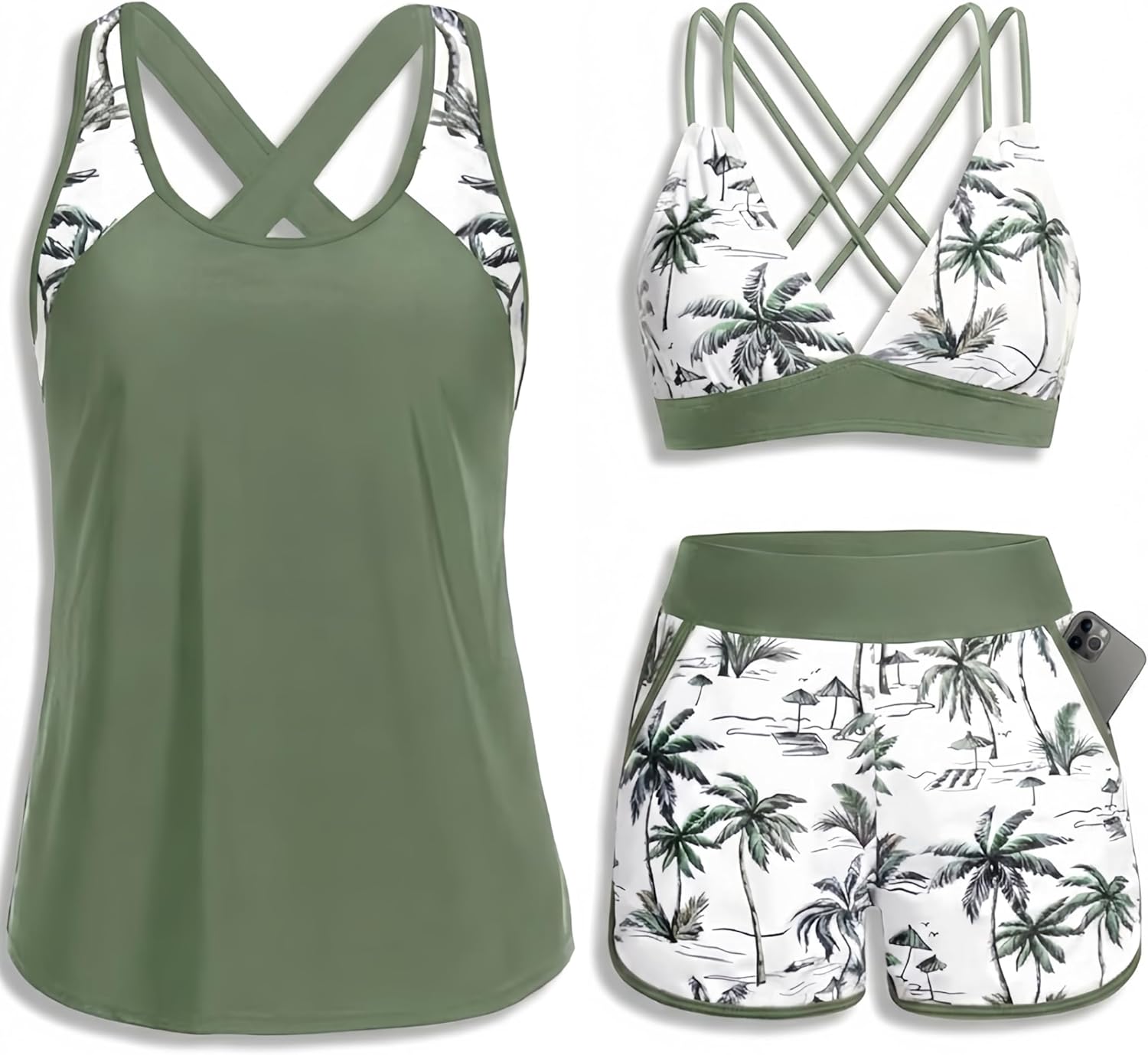 3 Piece Tankini Swimsuits - Tummy Control Tank Top with Bra Modest Bathing Suit with Pockets Boyshorts Bottom 2026