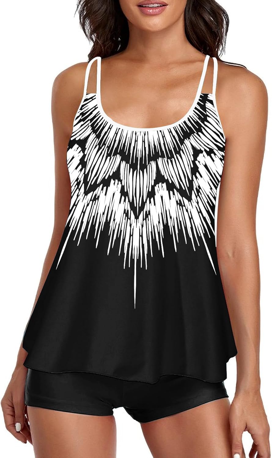 2026 Women Two Piece Tankini Swimsuit Tummy Control Plus Size Long Torso Top and High Waisted Boyshorts Bathing Suits