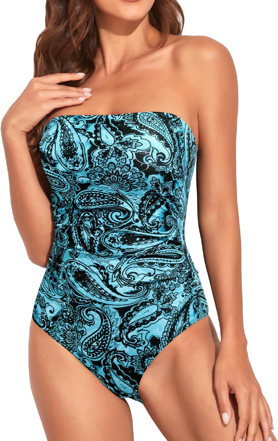 Women Tummy Control One Piece Swimsuits Strapless Bandeau Bathing Suits Slimming Halter Swimwear