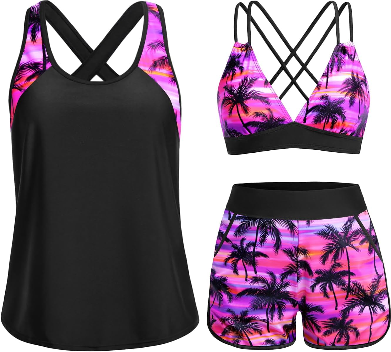 3 Piece Tankini Swimsuits - Tummy Control Tank Top with Bra Modest Bathing Suit with Pockets Boyshorts Bottom 2026