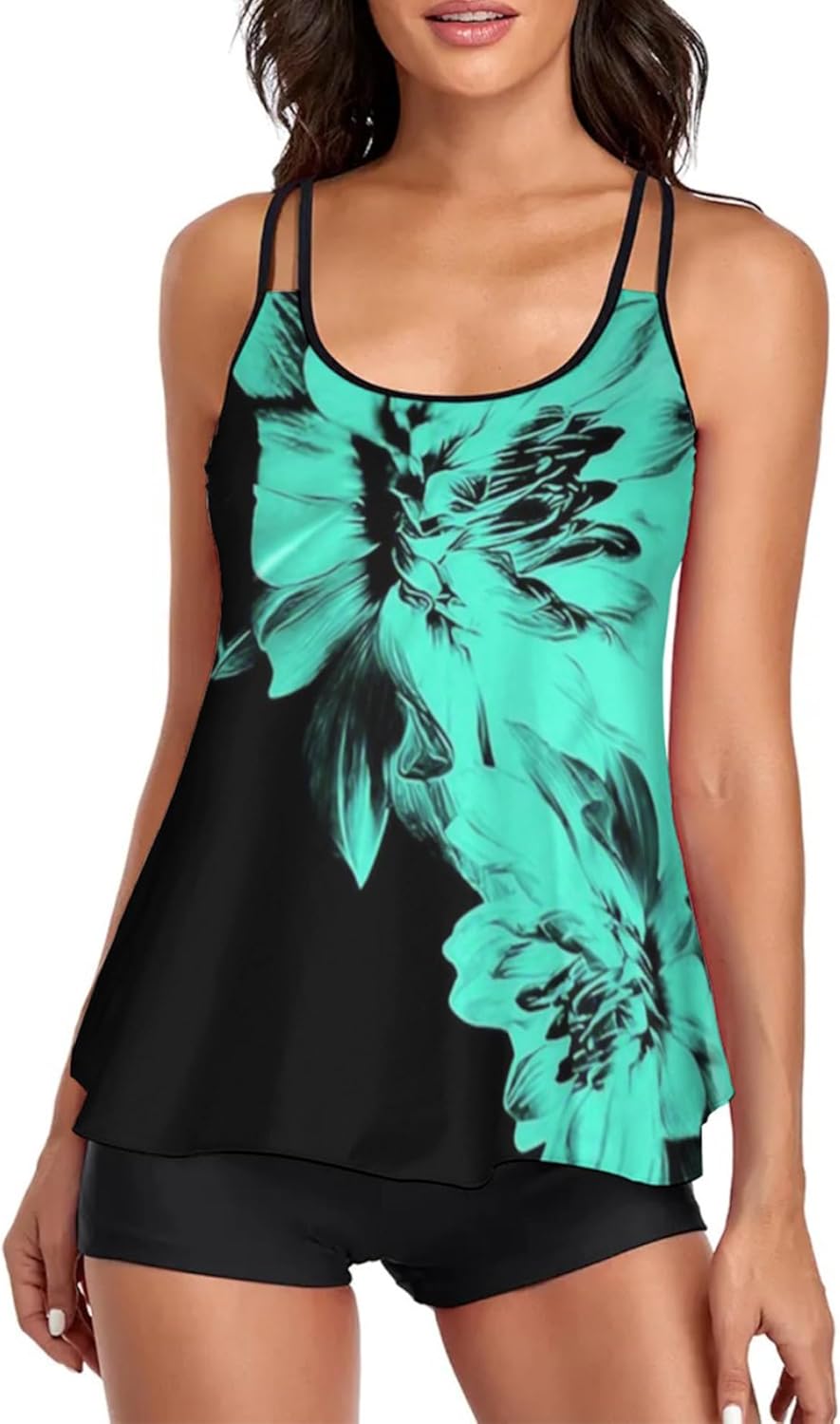 2026 Women Two Piece Tankini Swimsuit Tummy Control Plus Size Long Torso Top and High Waisted Boyshorts Bathing Suits