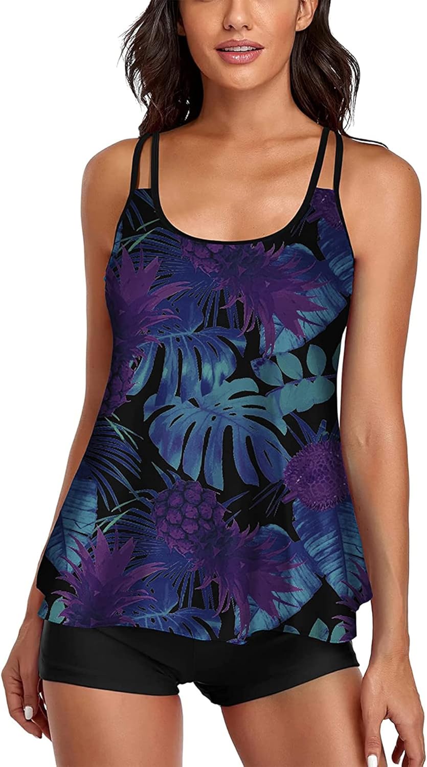 2026 Women Two Piece Tankini Swimsuit Tummy Control Plus Size Long Torso Top and High Waisted Boyshorts Bathing Suits