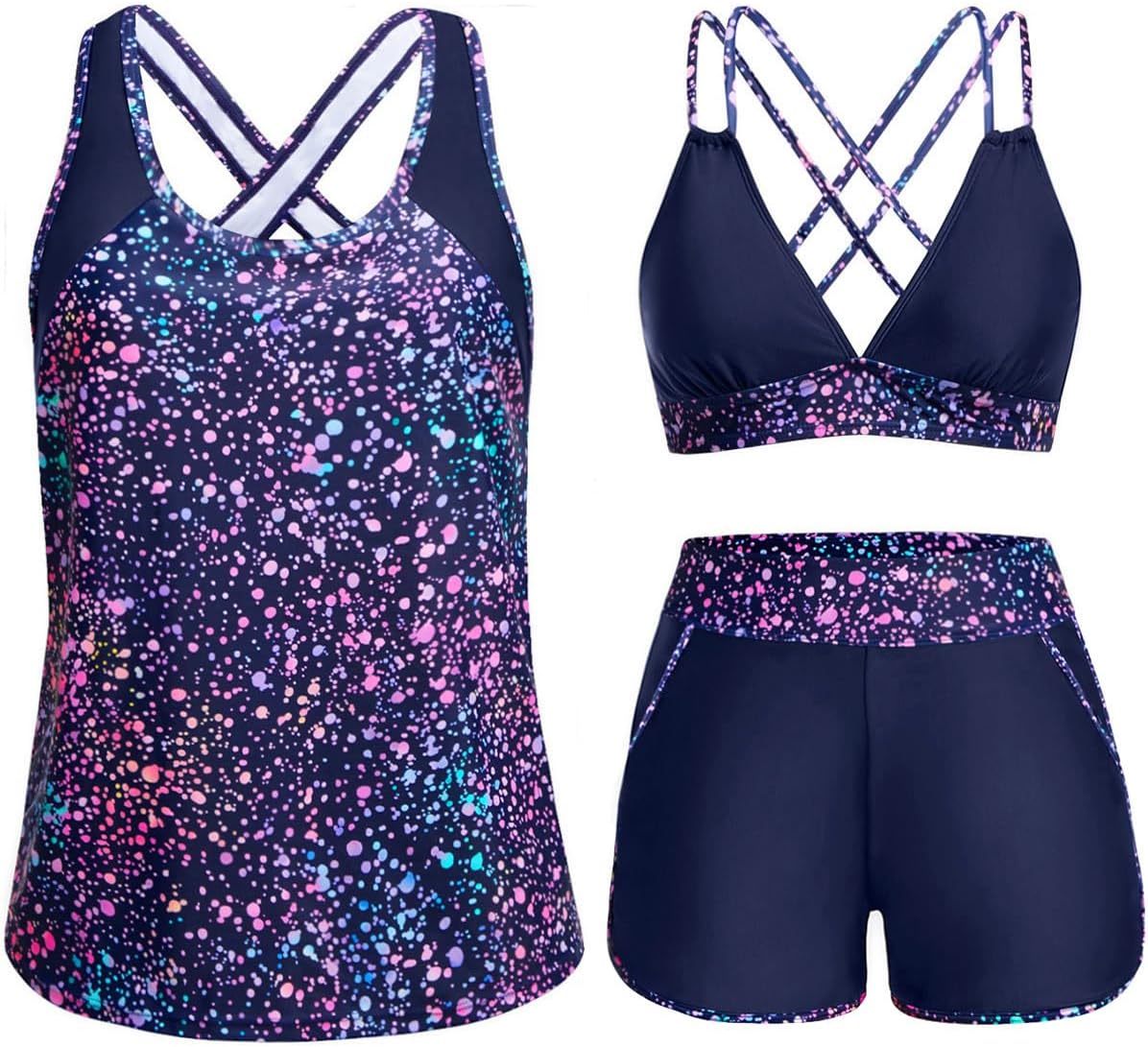 3 Piece Tankini Swimsuits - Tummy Control Tank Top with Bra Modest Bathing Suit with Pockets Boyshorts Bottom 2026