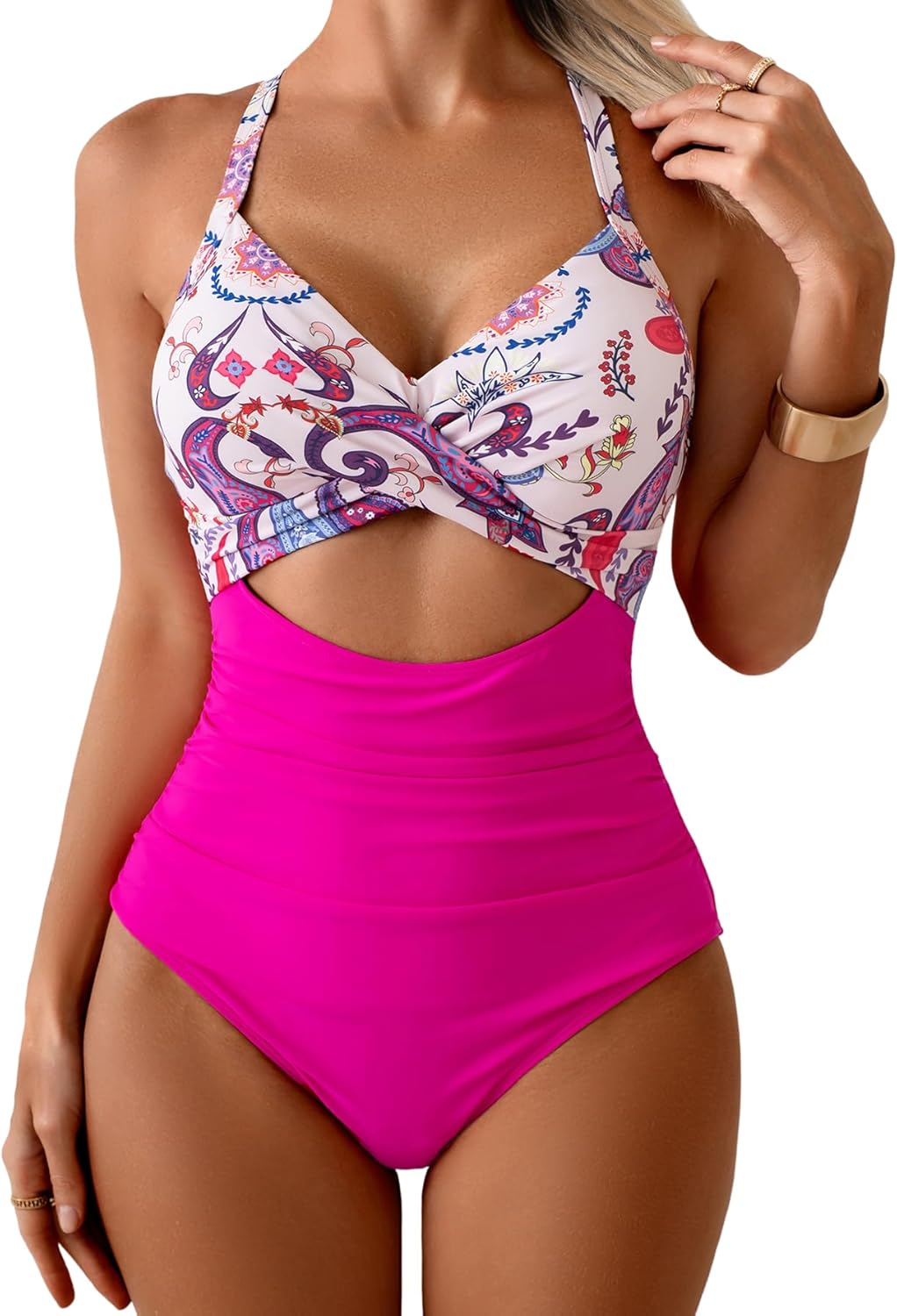 Women's One Piece Swimsuits Tummy Control Cutout High Waisted Bathing Suit Wrap Tie Back 1 Piece Swimsuit