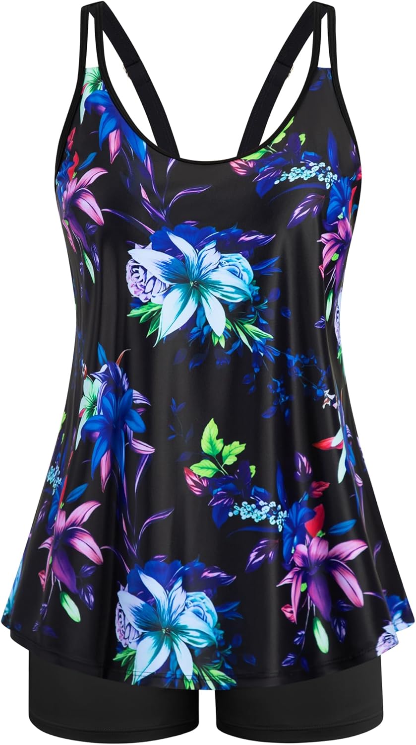 Swimsuits for Women Tummy Control Two Piece Bathing Suits Flowy Swim Tops with Boy Shorts