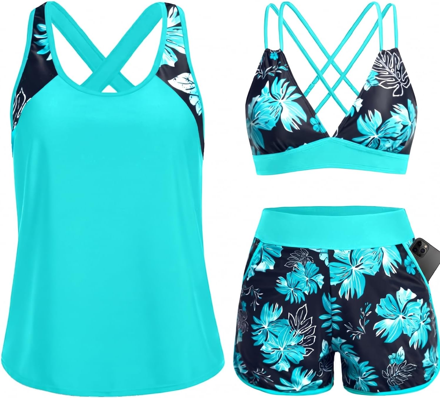 3 Piece Tankini Swimsuits - Tummy Control Tank Top with Bra Modest Bathing Suit with Pockets Boyshorts Bottom 2026