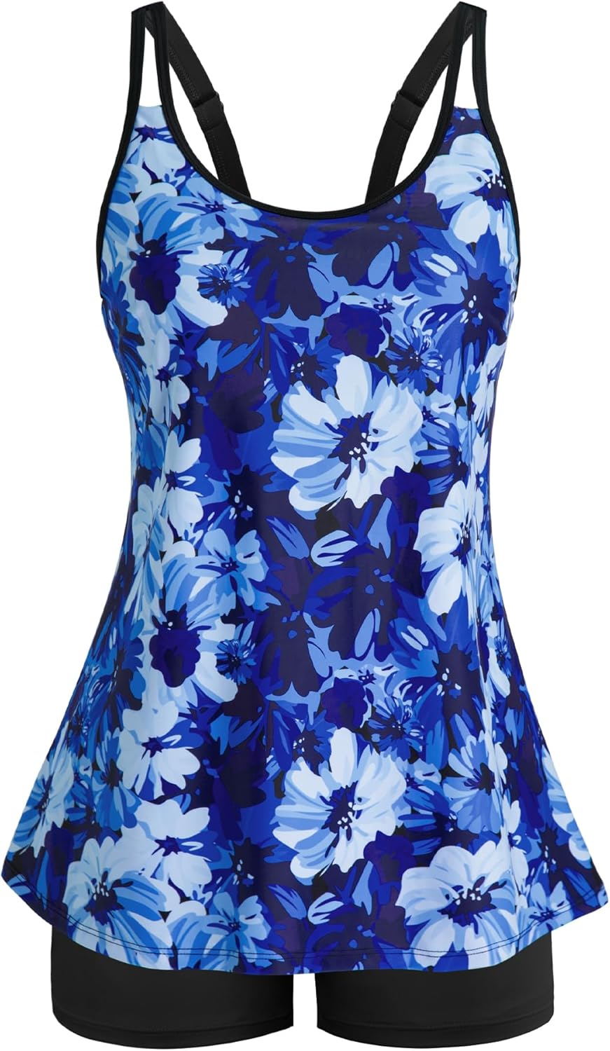 Swimsuits for Women Tummy Control Two Piece Bathing Suits Flowy Swim Tops with Boy Shorts