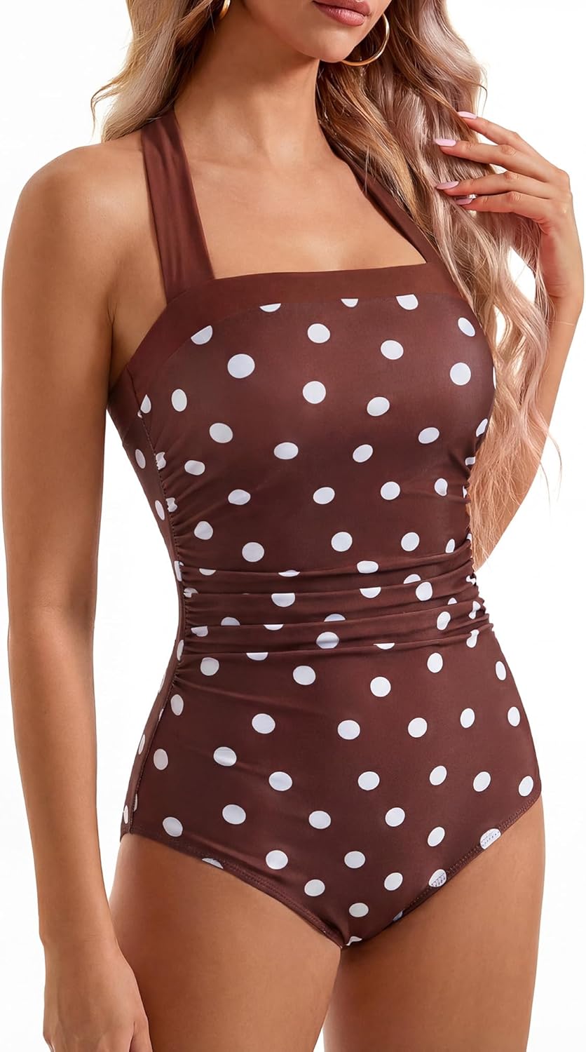 Women Sexy Tummy Control One Piece Swimsuit Halter Retro Bathing Suit