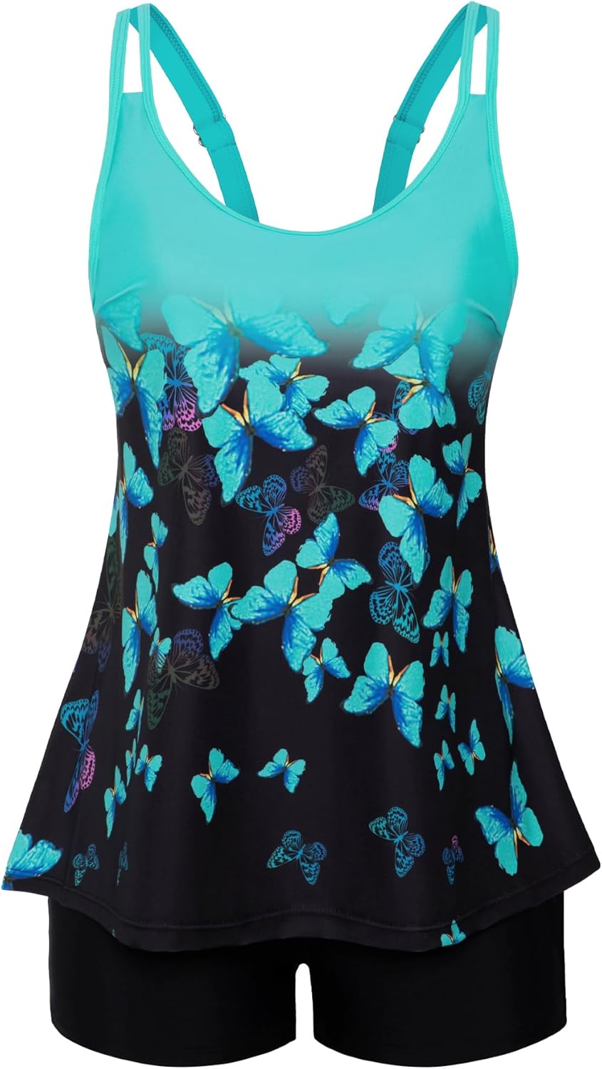 Swimsuits for Women Tummy Control Two Piece Bathing Suits Flowy Swim Tops with Boy Shorts