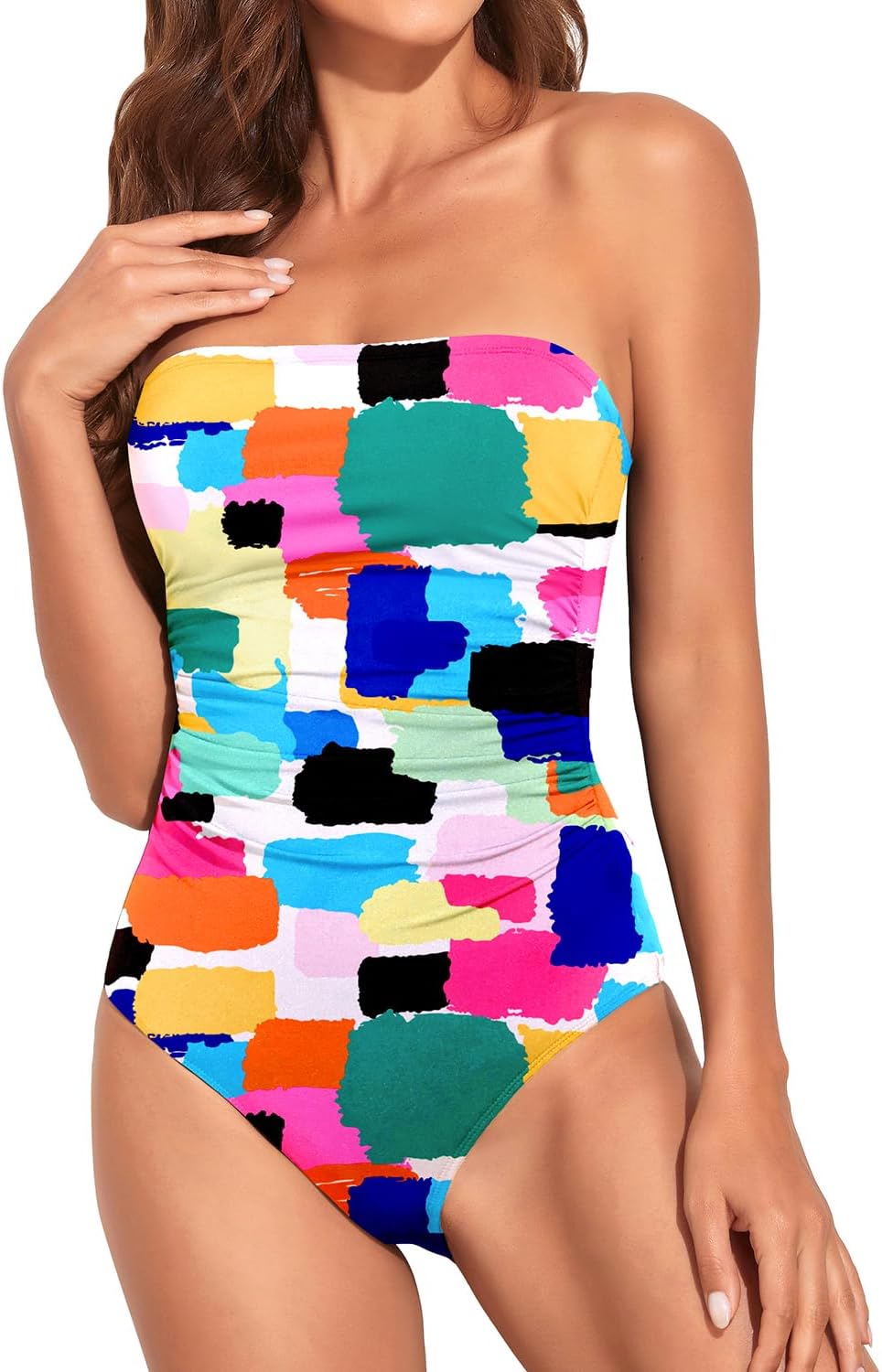 Women Tummy Control One Piece Swimsuits Strapless Bandeau Bathing Suits Slimming Halter Swimwear