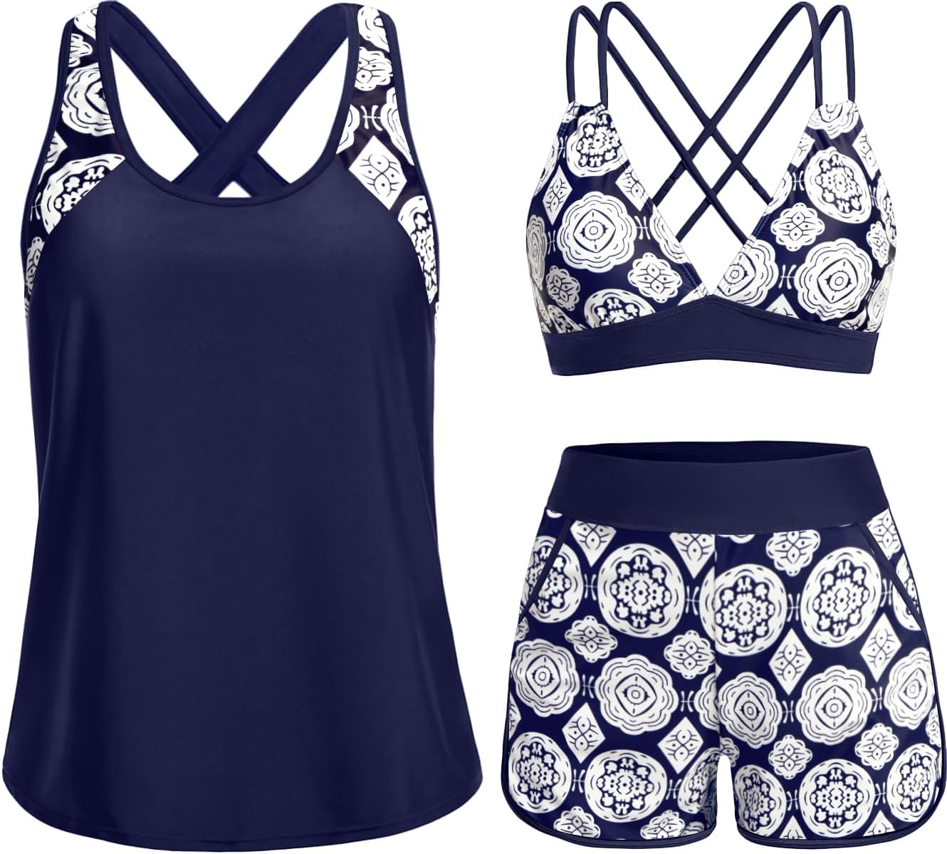 3 Piece Tankini Swimsuits - Tummy Control Tank Top with Bra Modest Bathing Suit with Pockets Boyshorts Bottom 2026