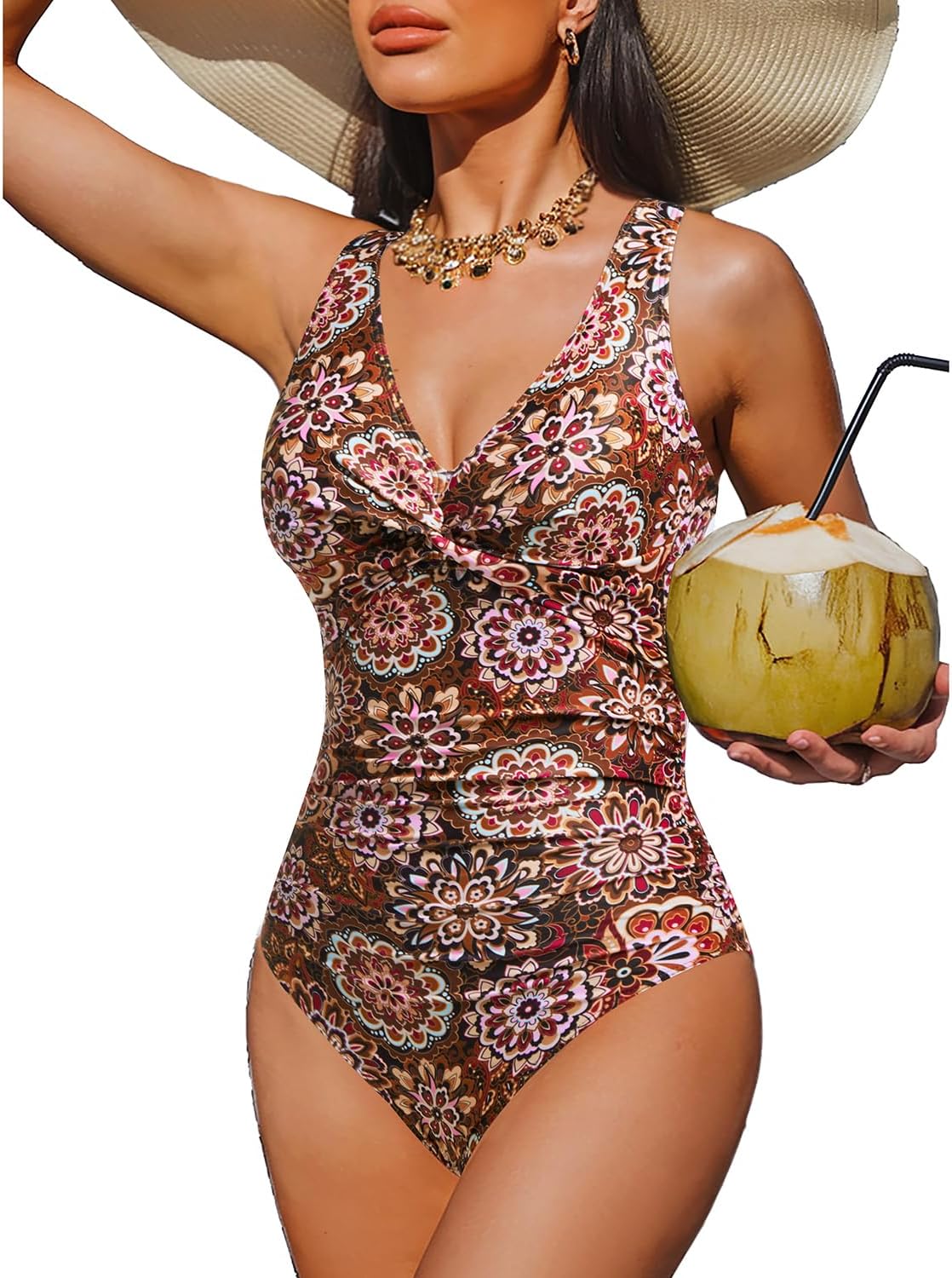 Women Tummy Control One Piece Swimsuit - Push Up Bathing Suit Full Coverage Slimming Swimwear