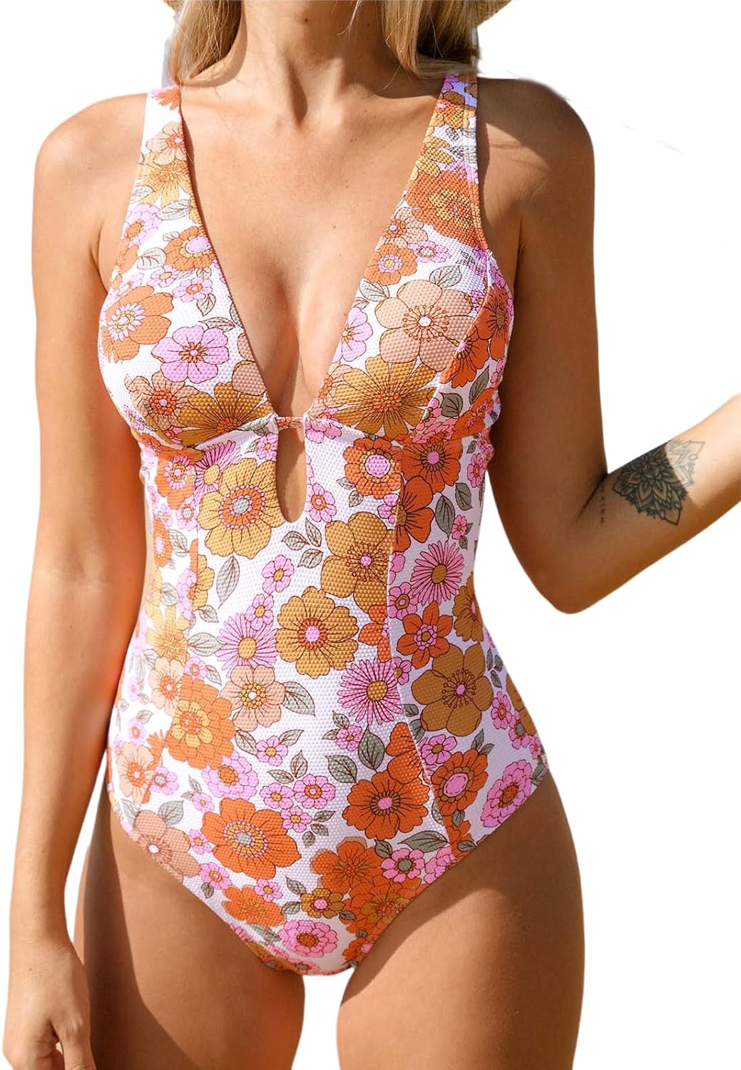 Women's One Piece Swimsuit Deep V Neck Keyhole Cutout O Ring Textured Bathing Suit