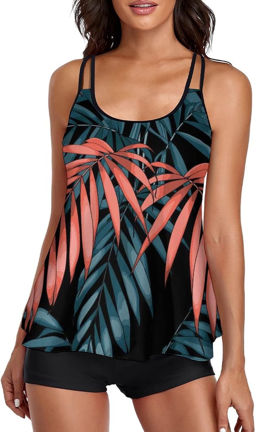 2026 Women Two Piece Tankini Swimsuit Tummy Control Plus Size Long Torso Top and High Waisted Boyshorts Bathing Suits