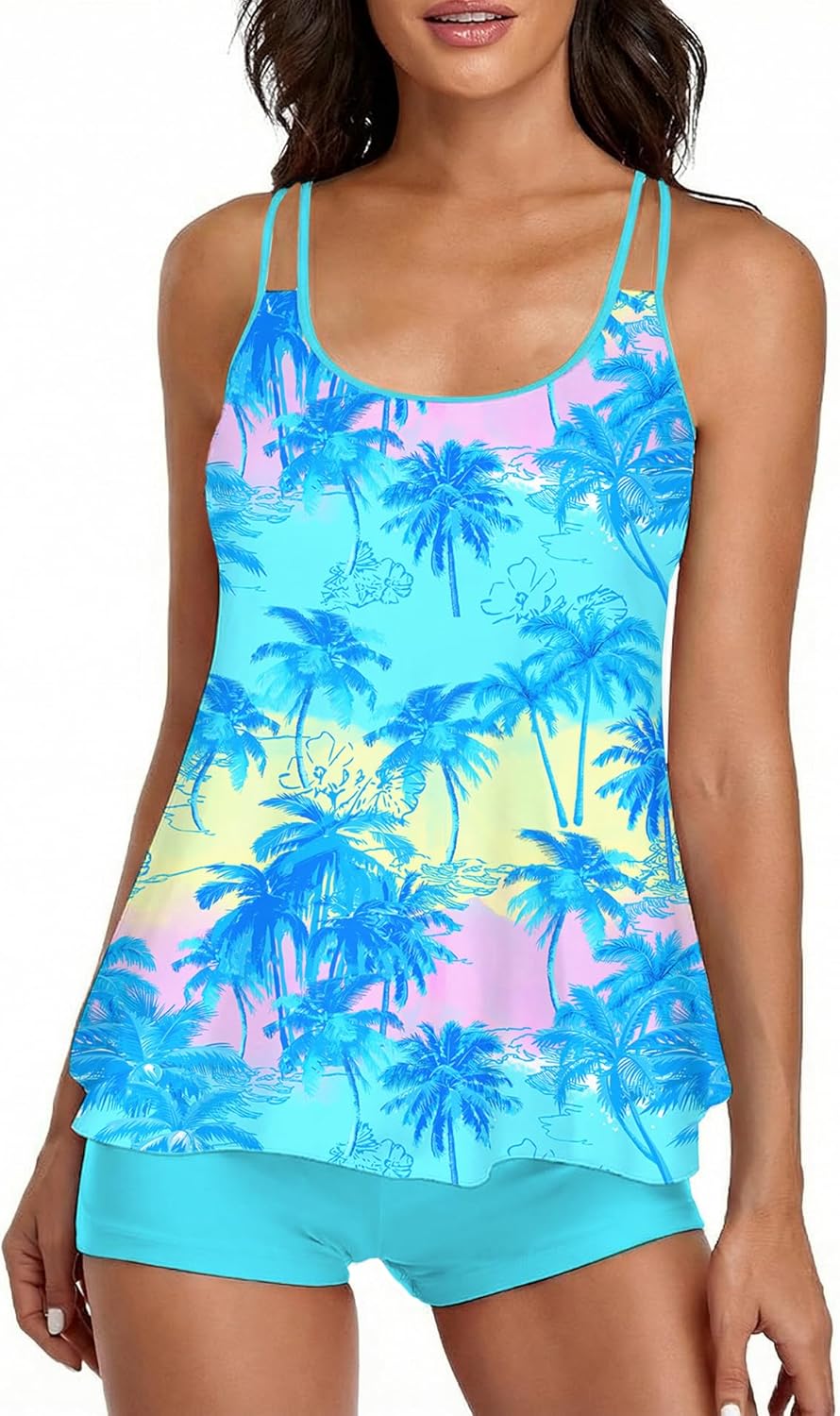 2026 Women Two Piece Tankini Swimsuit Tummy Control Plus Size Long Torso Top and High Waisted Boyshorts Bathing Suits