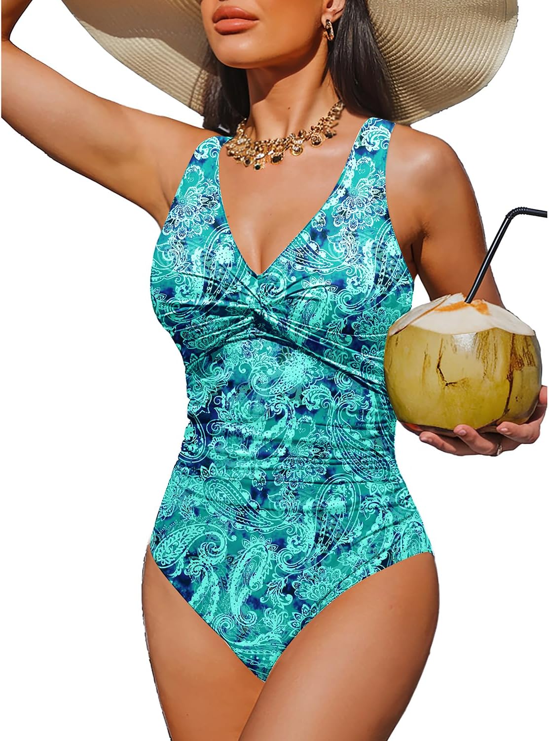 Women Tummy Control One Piece Swimsuit - Push Up Bathing Suit Full Coverage Slimming Swimwear