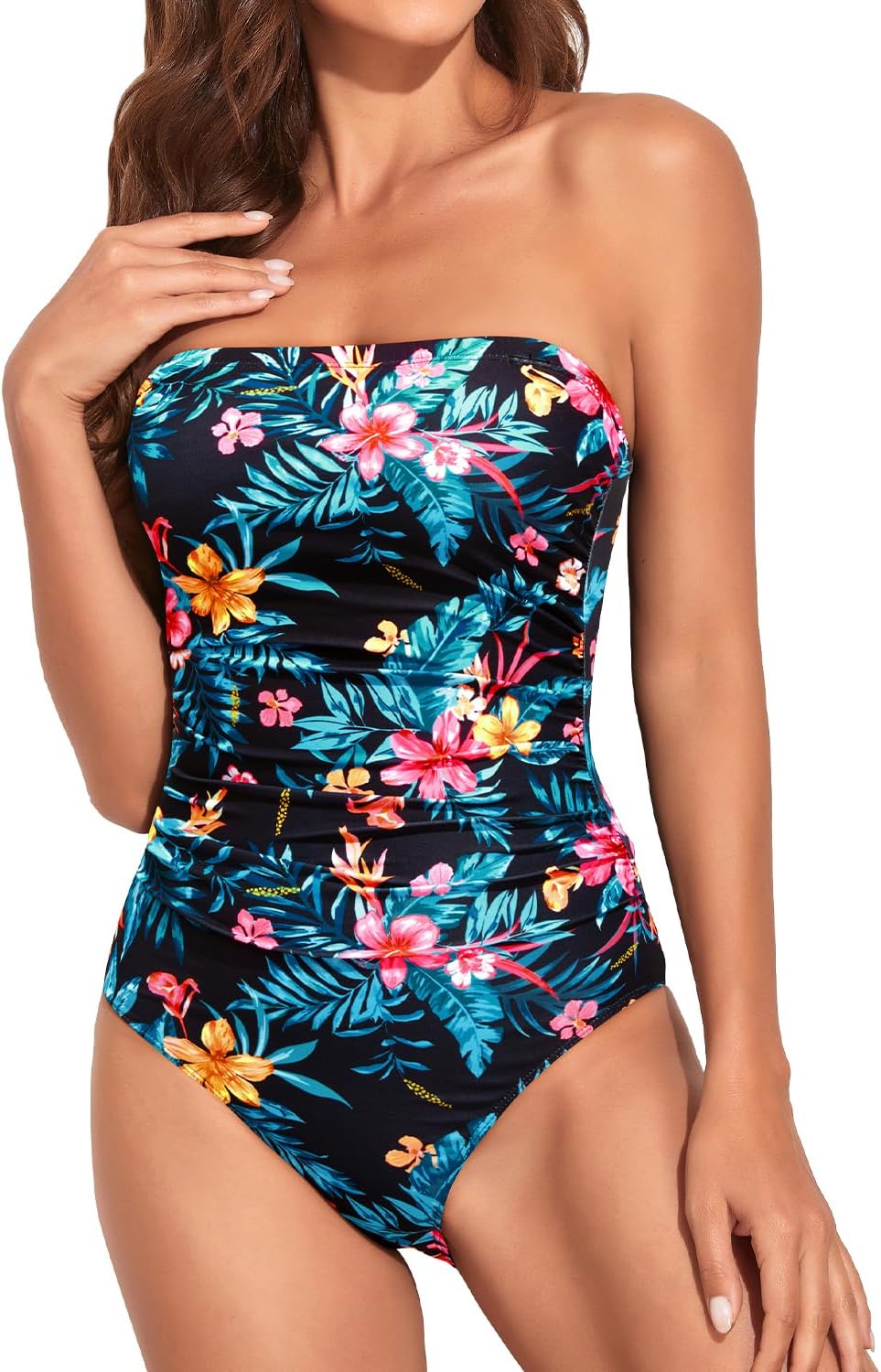 Women Tummy Control One Piece Swimsuits Strapless Bandeau Bathing Suits Slimming Halter Swimwear