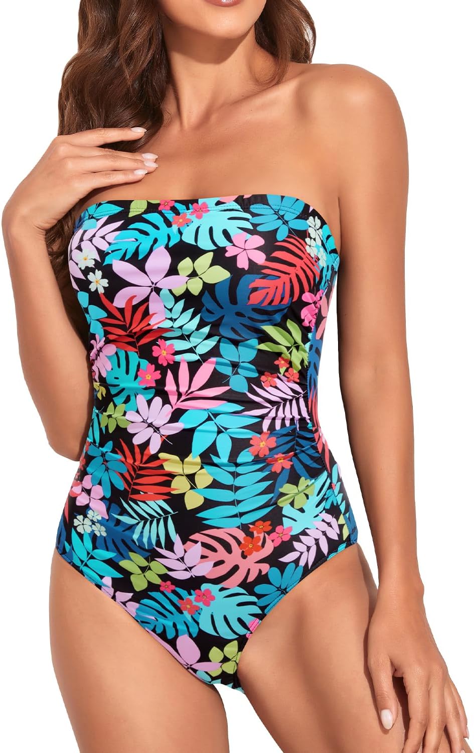 Women Tummy Control One Piece Swimsuits Strapless Bandeau Bathing Suits Slimming Halter Swimwear