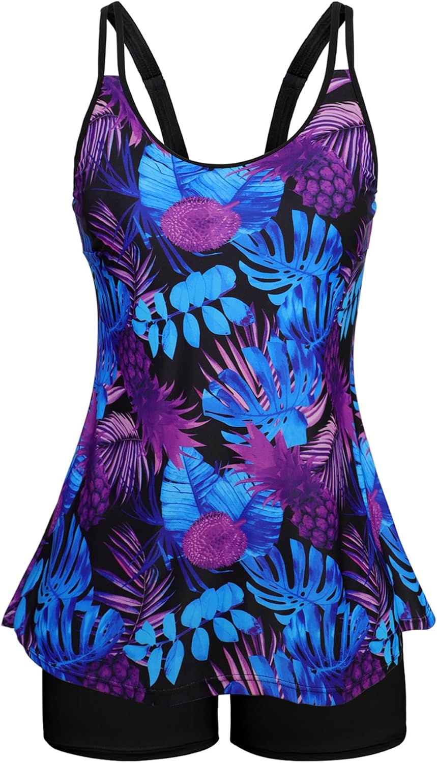 Swimsuits for Women Tummy Control Two Piece Bathing Suits Flowy Swim Tops with Boy Shorts