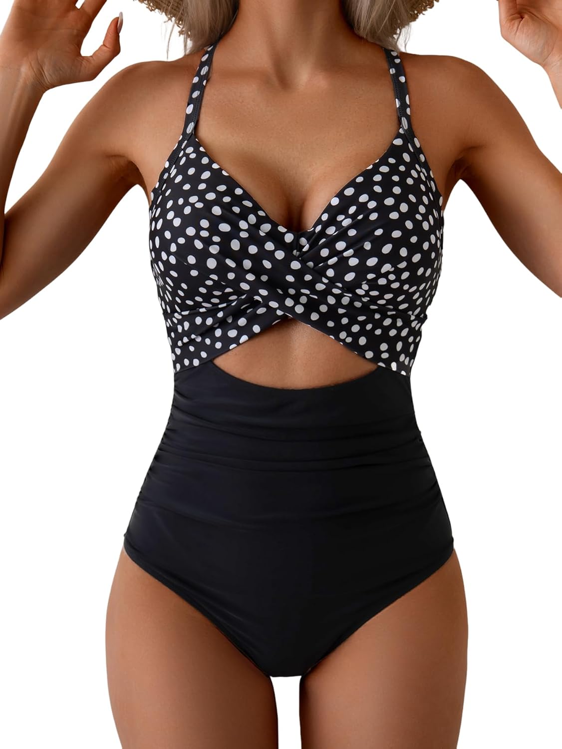Women's One Piece Swimsuits Tummy Control Cutout High Waisted Bathing Suit Wrap Tie Back 1 Piece Swimsuit