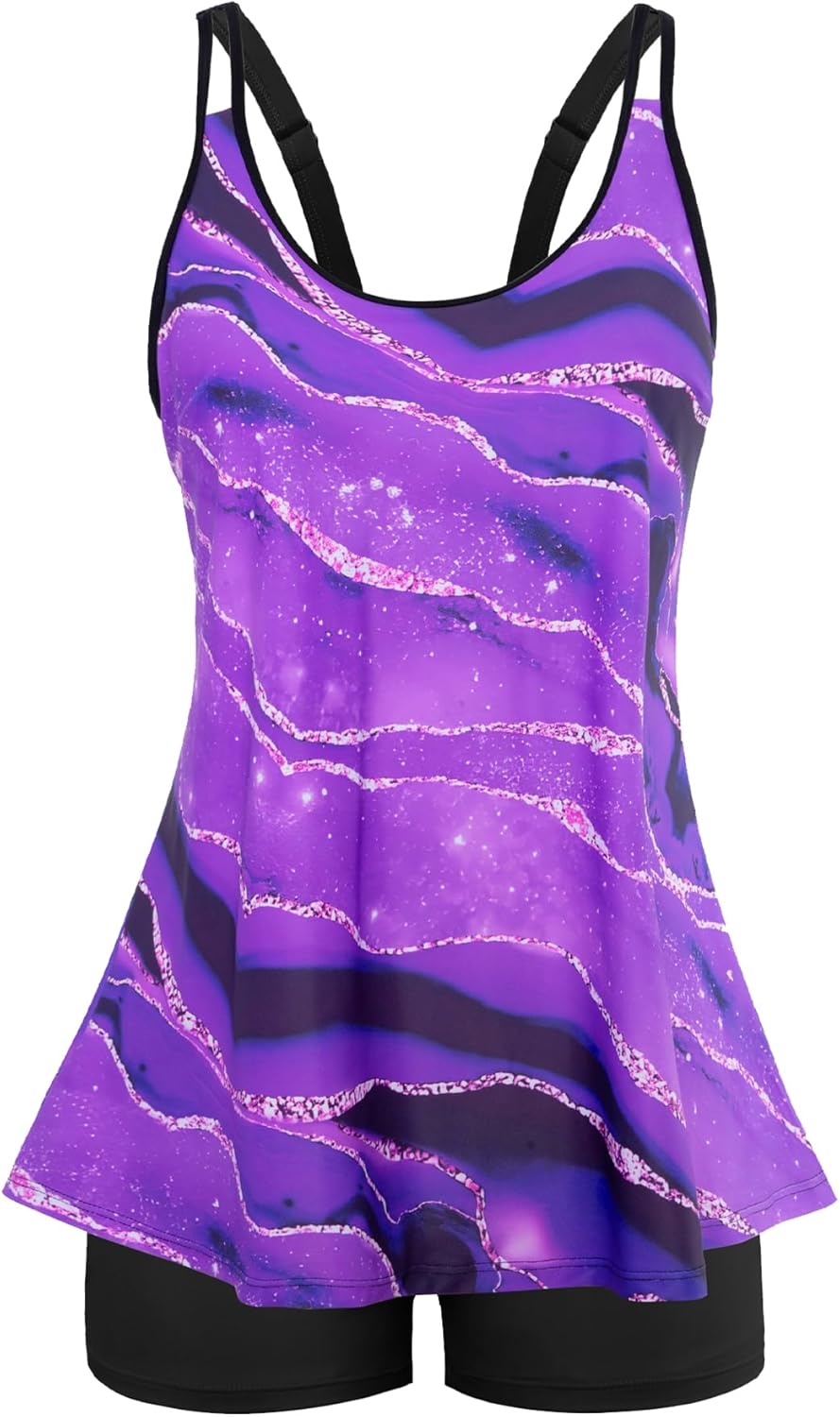 Swimsuits for Women Tummy Control Two Piece Bathing Suits Flowy Swim Tops with Boy Shorts