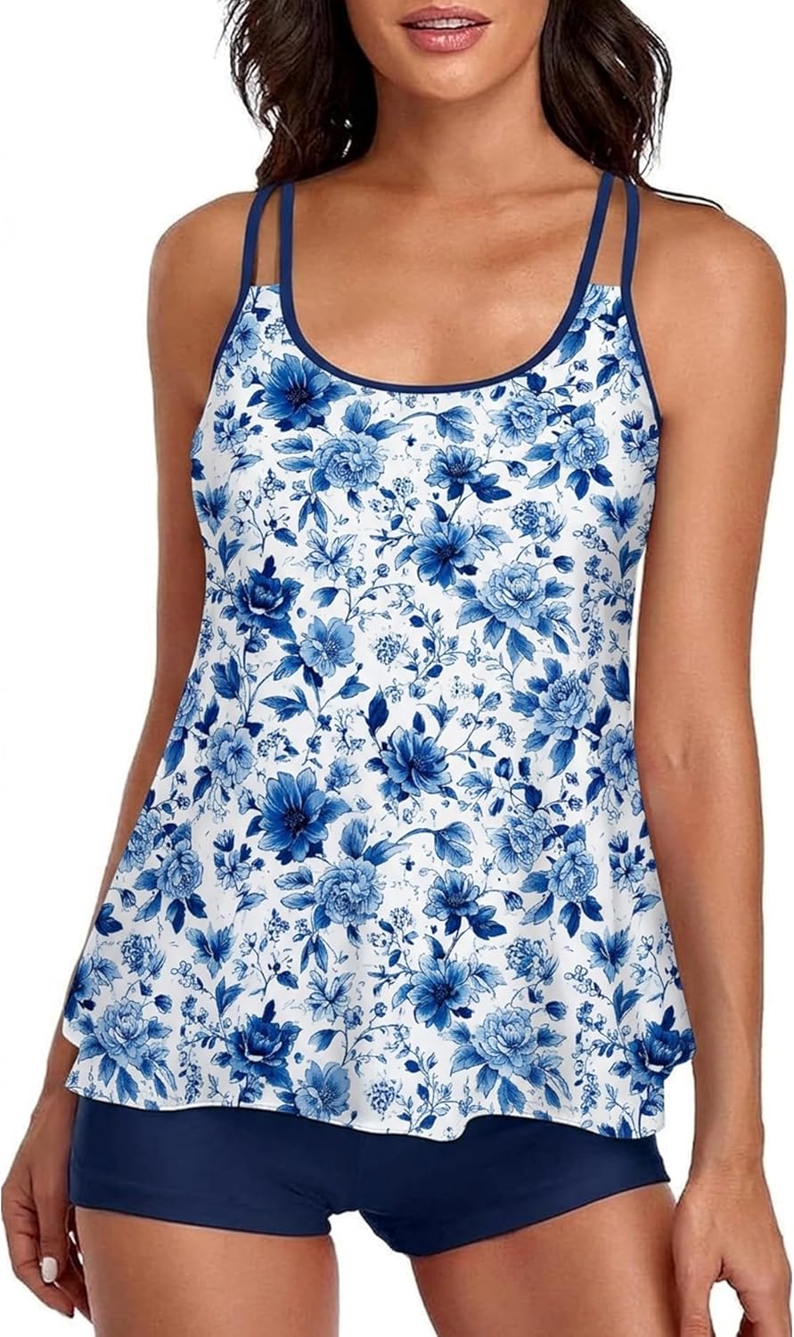 2026 Women Two Piece Tankini Swimsuit Tummy Control Plus Size Long Torso Top and High Waisted Boyshorts Bathing Suits