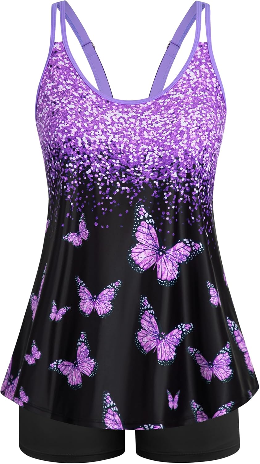 Swimsuits for Women Tummy Control Two Piece Bathing Suits Flowy Swim Tops with Boy Shorts
