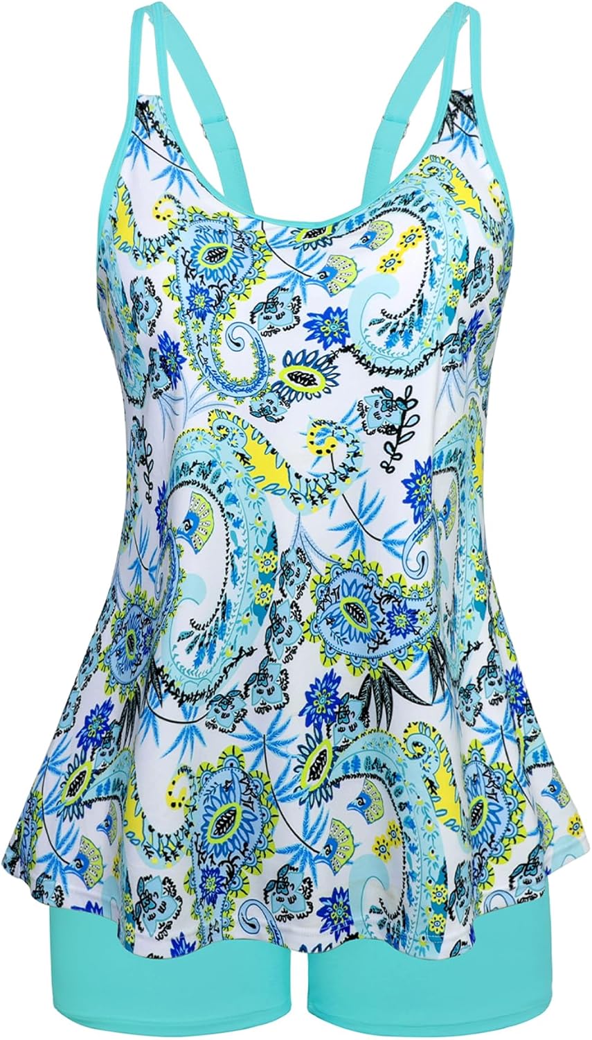 Swimsuits for Women Tummy Control Two Piece Bathing Suits Flowy Swim Tops with Boy Shorts