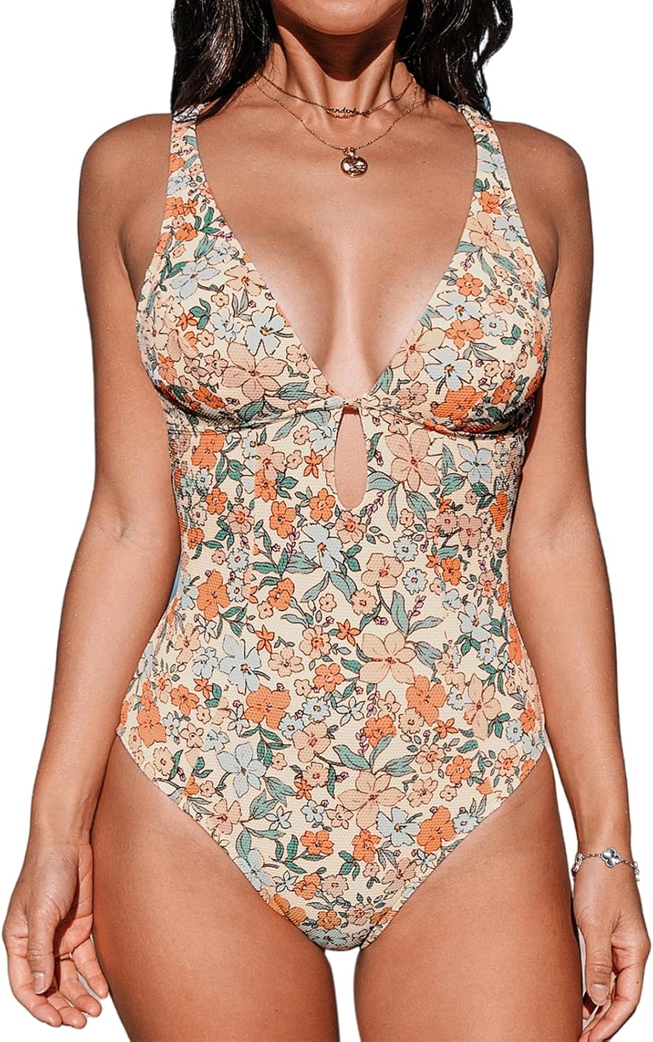 Women's One Piece Swimsuit Deep V Neck Keyhole Cutout O Ring Textured Bathing Suit